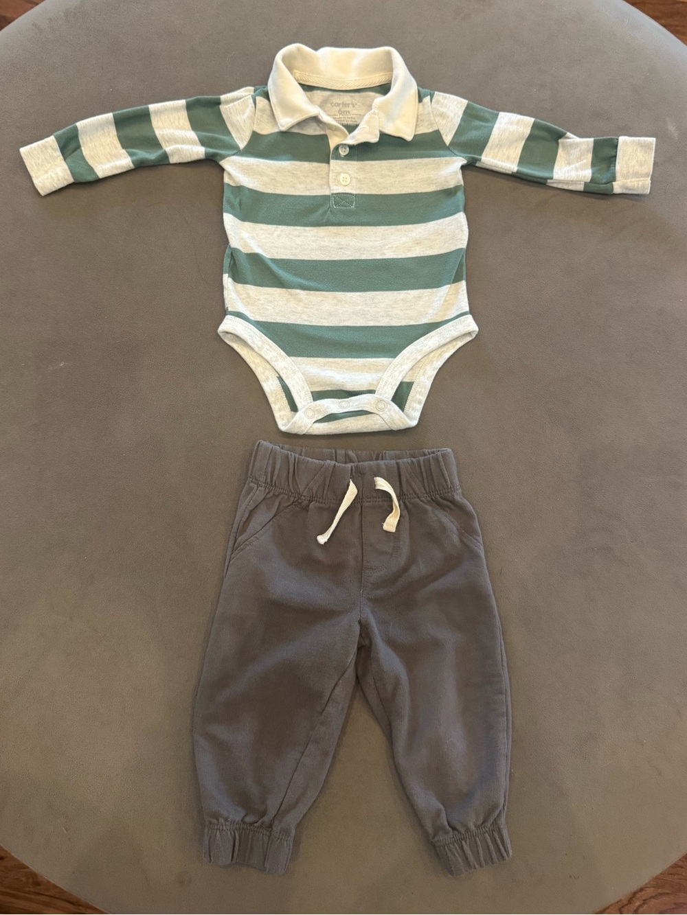 Carter's Green and White Striped Polo Bodysuit with Gray Joggers